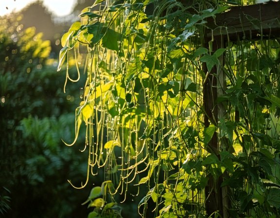 Cat’s Claw vine climbing a garden trellis.