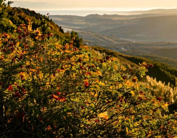 Wild rose bushes dotted with ripe rosehips