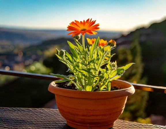 Single calendula plant in full bloom in a clay pot