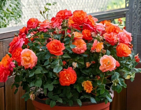 Container roses producing hips on a sunny porch