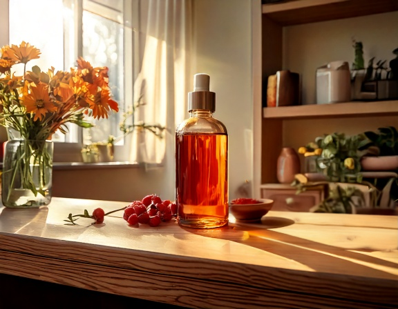 Rosehip facial oil dropper bottle on natural wood background