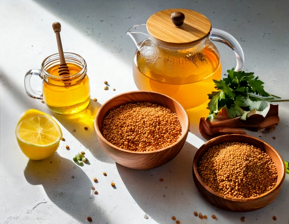 Fenugreek tea, glass jar, wellness journal