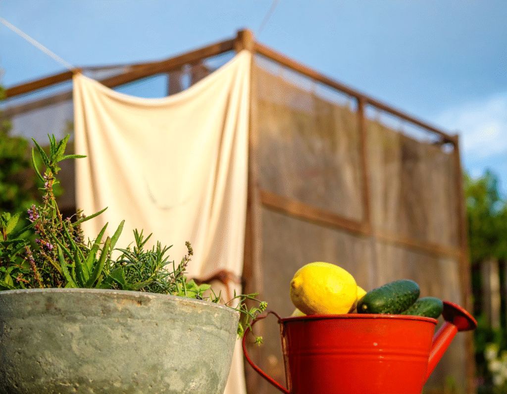 Aloe, mint, calendula, lemon balm, and chamomile laid out on a sunny table