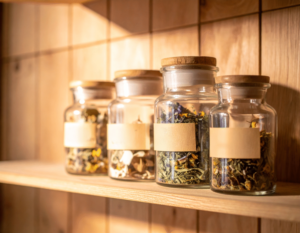 Black Cohosh roots and hormone-supportive herbs in arrangement