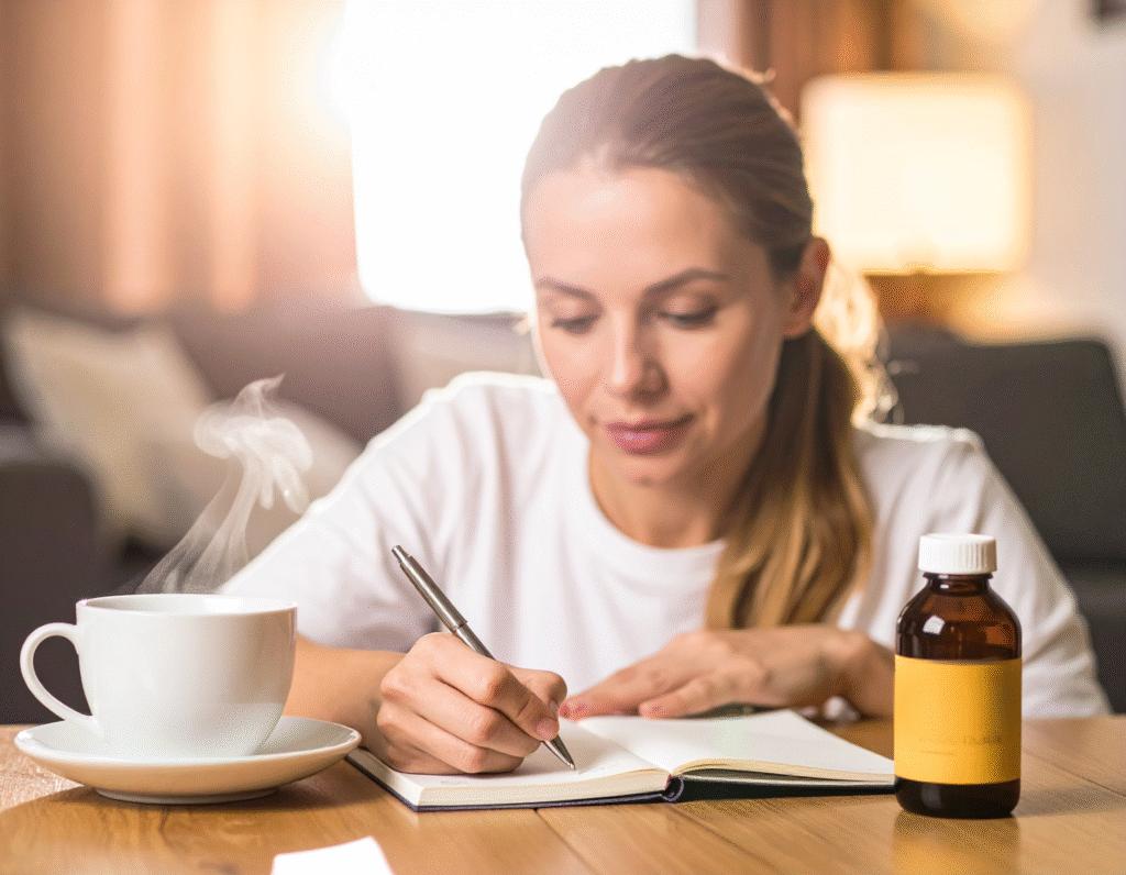 Glass of Black Cohosh tea and a basket of hormone-support herbs