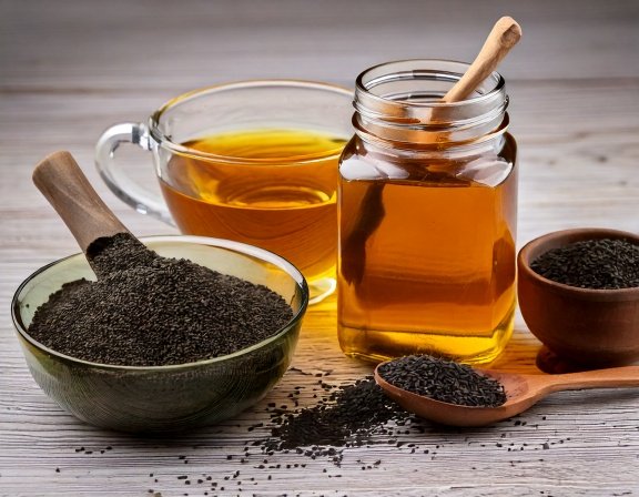 Black seed oil, tea, and jar