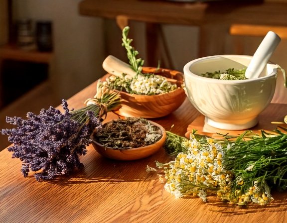 Kitchen table with fresh and dried calming herbs