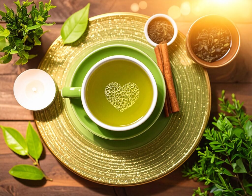 Top view of green tea with heart-shaped bubbles