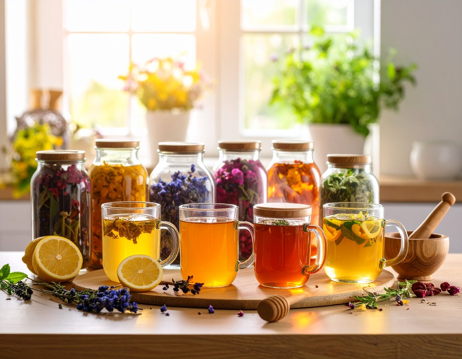 Selection of herbal teas in cups and jars ready to brew