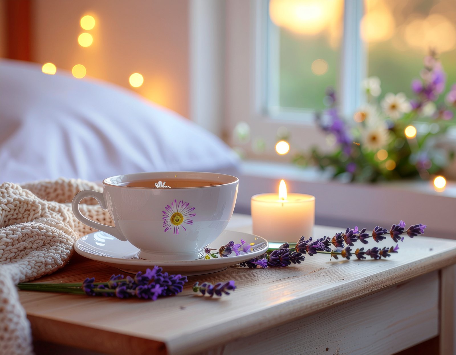 Calming tea setup with ashwagandha, St. John's wort, and lavender
