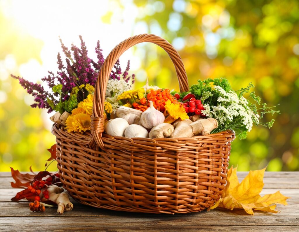Rustic basket of freshly harvested fall herbs and roots