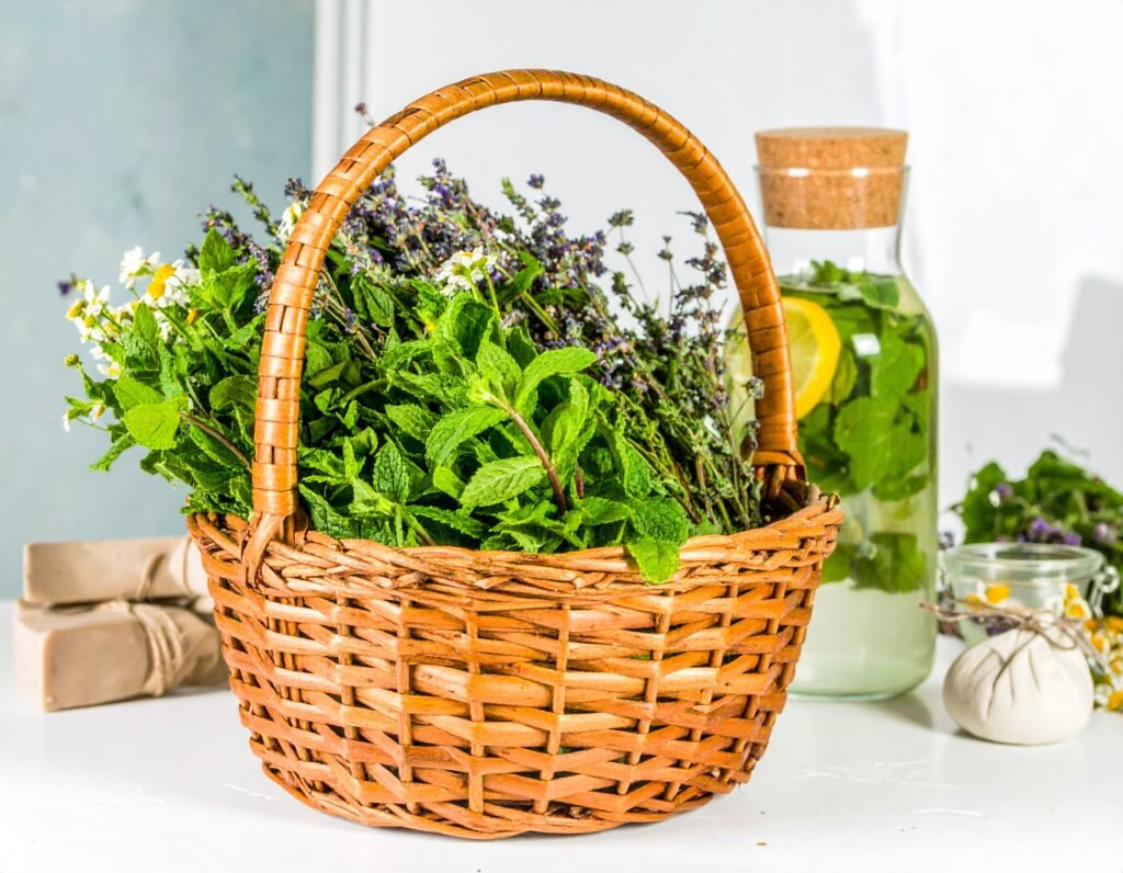 Fresh-picked peppermint, lavender, chamomile