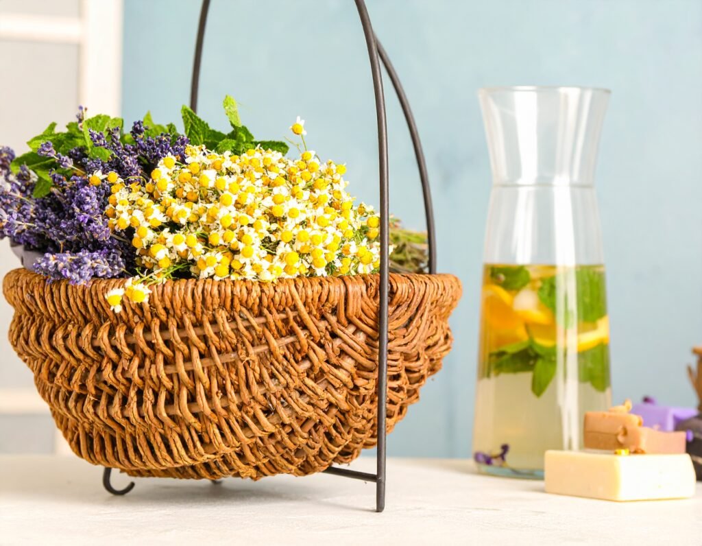 Basket of herbs kitchen counter
