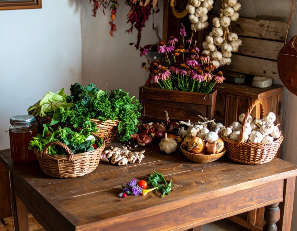 Baskets of fresh garlic, echinacea, kale, parsley, onions
