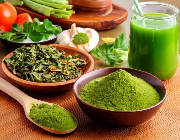 Bowl of fresh moringa leaves, powder, green smoothie, moringa tea
