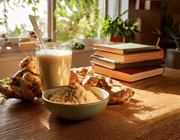 Bowl of maca powder, a glass of maca smoothie, and fresh maca roots on a sunlit kitchen counter
