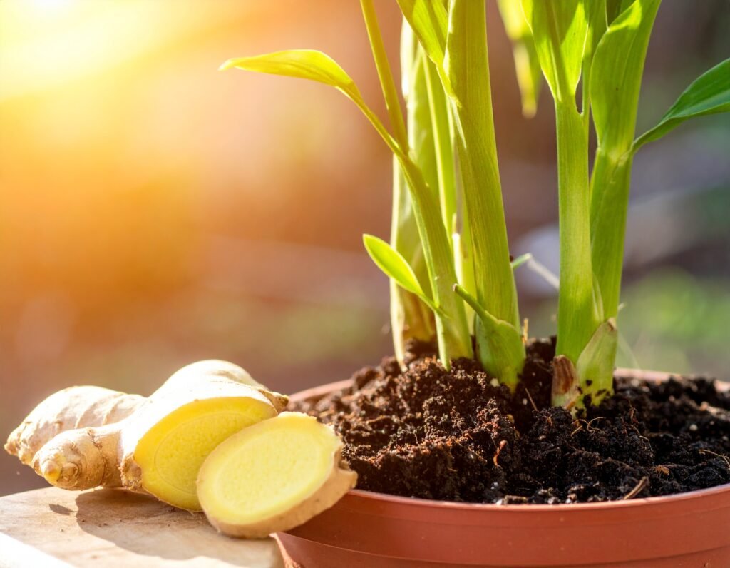 Close-up of a healthy ginger plant in a pot, green leaves and soil visible