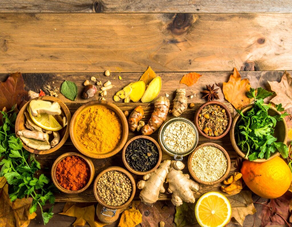 Burdock roots, dandelion roots and greens, turmeric