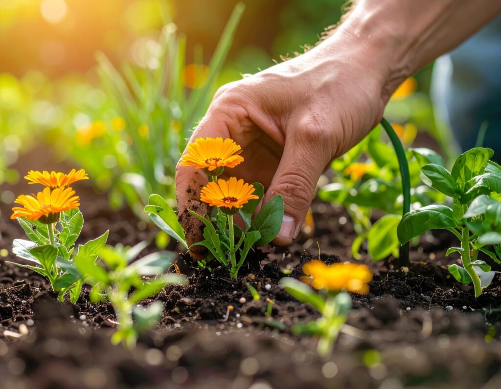 Close up of gardener's hand planting calendula seedlings among basil and chive plants.