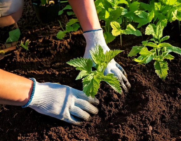 Planting young nettle seedling next to herbs