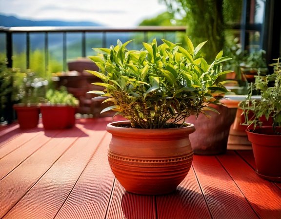 Green tea plant thriving in a clay pot on a balcony