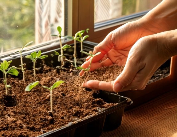 Sowing ashwagandha seeds in sandy soil