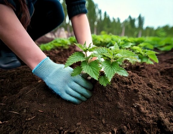 Close-up of nettle seedlings being planted in rich, moist soil