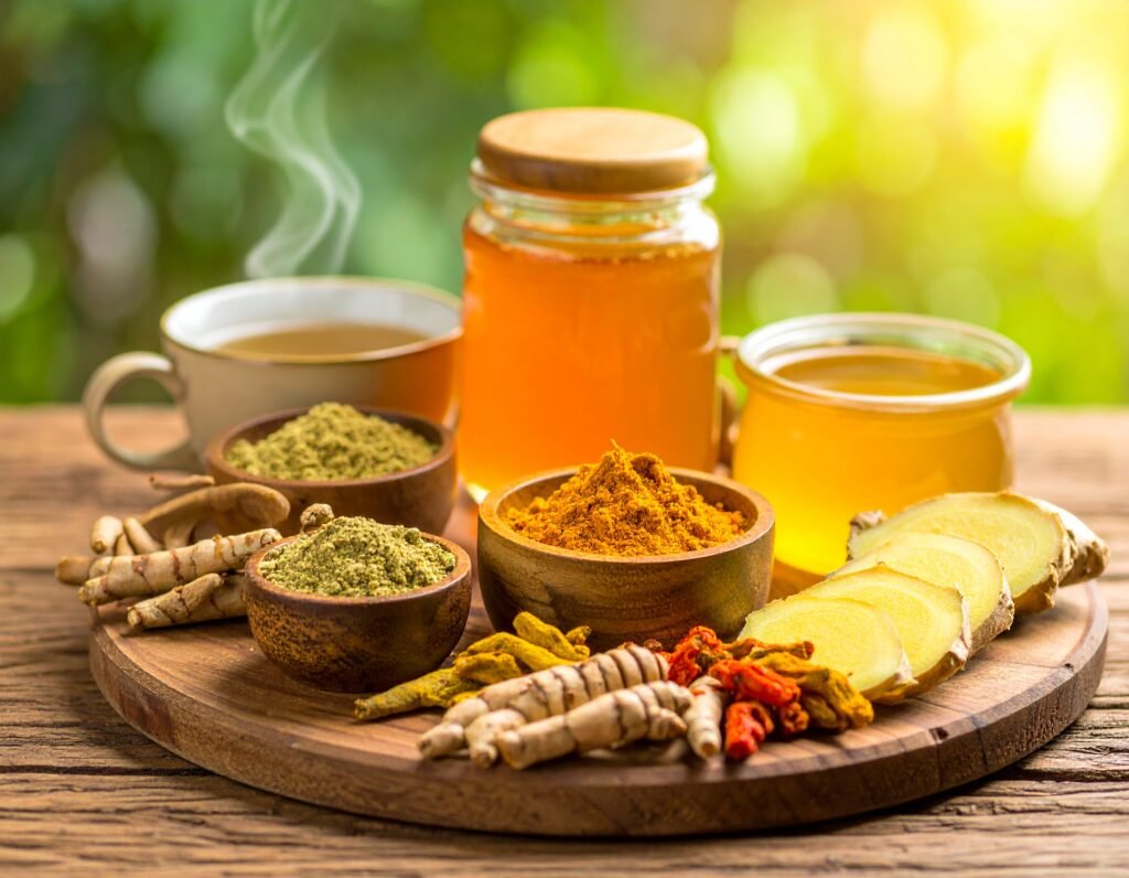 Close-up of sliced ginger, turmeric, dried ashwagandha roots and powders