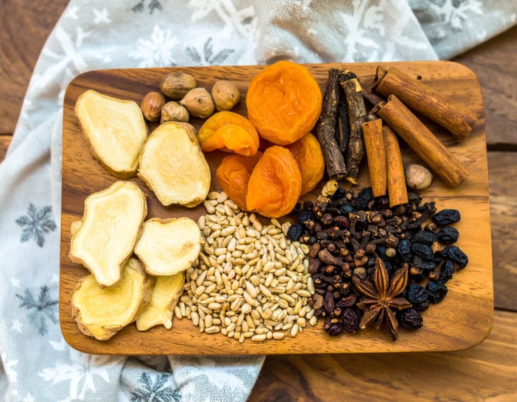 Ginger, turmeric, burdock, licorice sliced close-up