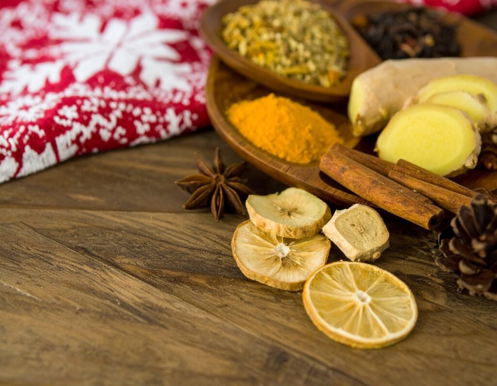 Close up of licorice root and other herbs