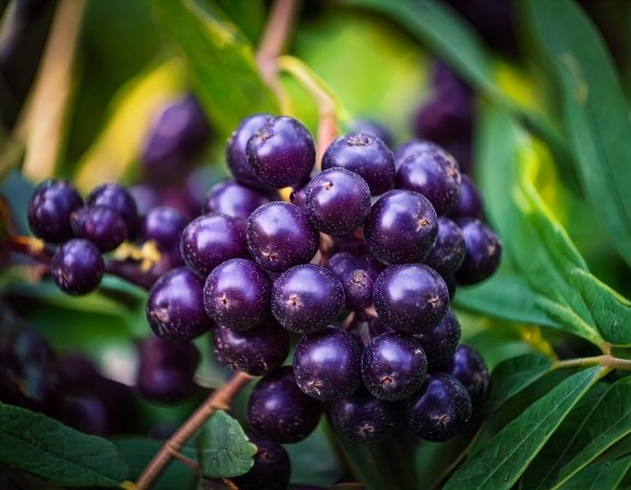 Close up of deep purple vitex berries
