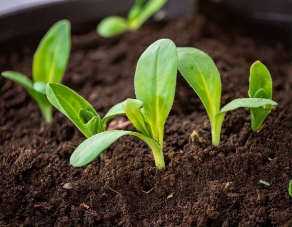 Young calendula seedlings emerging in garden