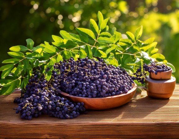 Clusters of purple vitex berries, chaste tree with green leaves in sunlit garden