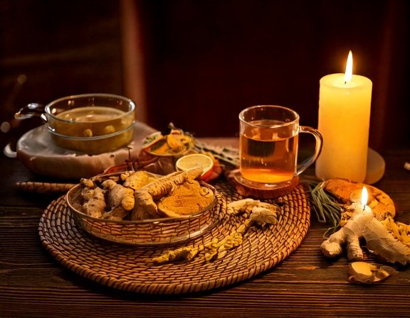 Cozy indoor winter scene with roots and herbal tea
