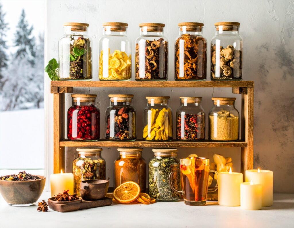 Winter kitchen shelf with jars of ginger, turmeric, ashwagandha