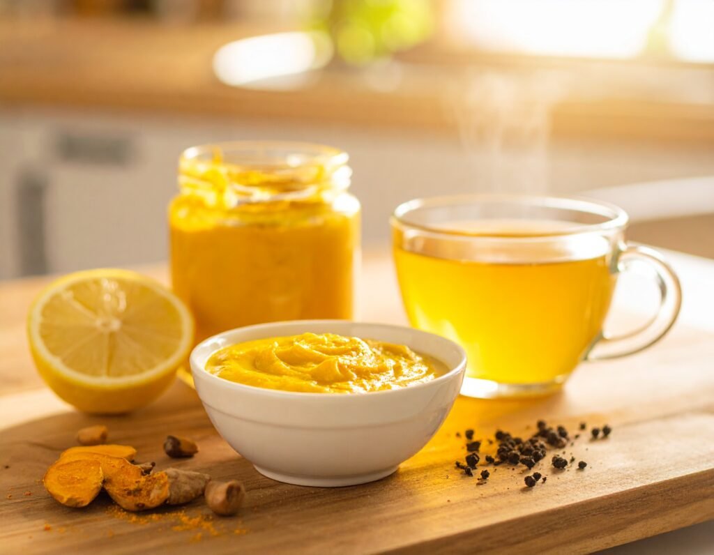 Cup of golden turmeric tea, bowl of turmeric paste and honey