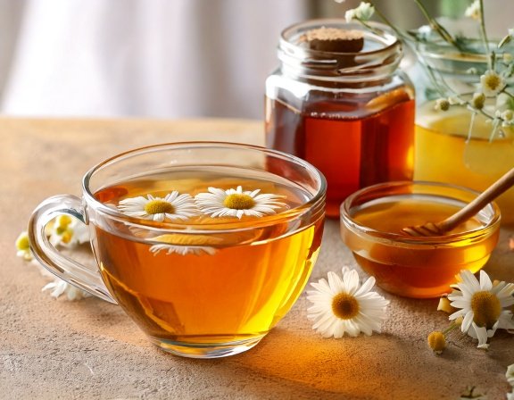 Cup of chamomile tea with flowers and tincture bottle