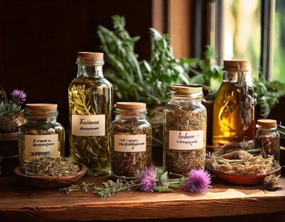 DIY herbal remedy station with Milk Thistle tinctures, dried seeds and labeled jars