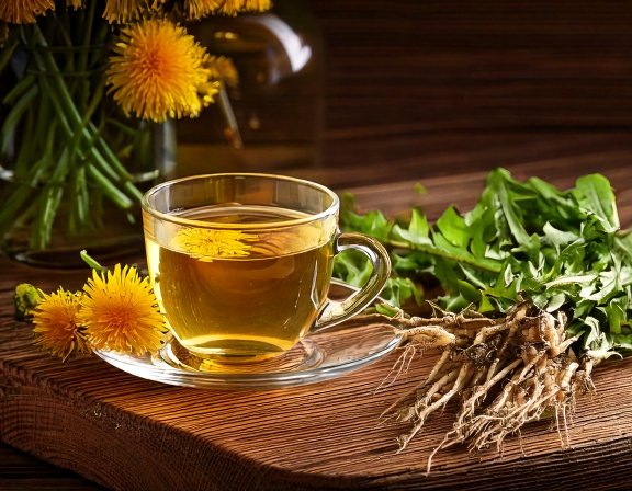 Dandelion roots and leaves with glass teacup, wildflowers on kitchen table