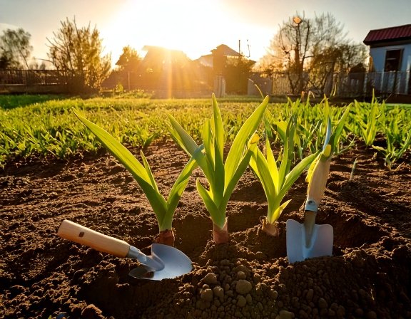 Early spring garden with ginger shoots
