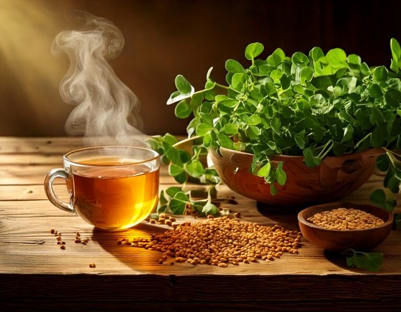Fenugreek plants, leaves, pods, and bowl of seeds
