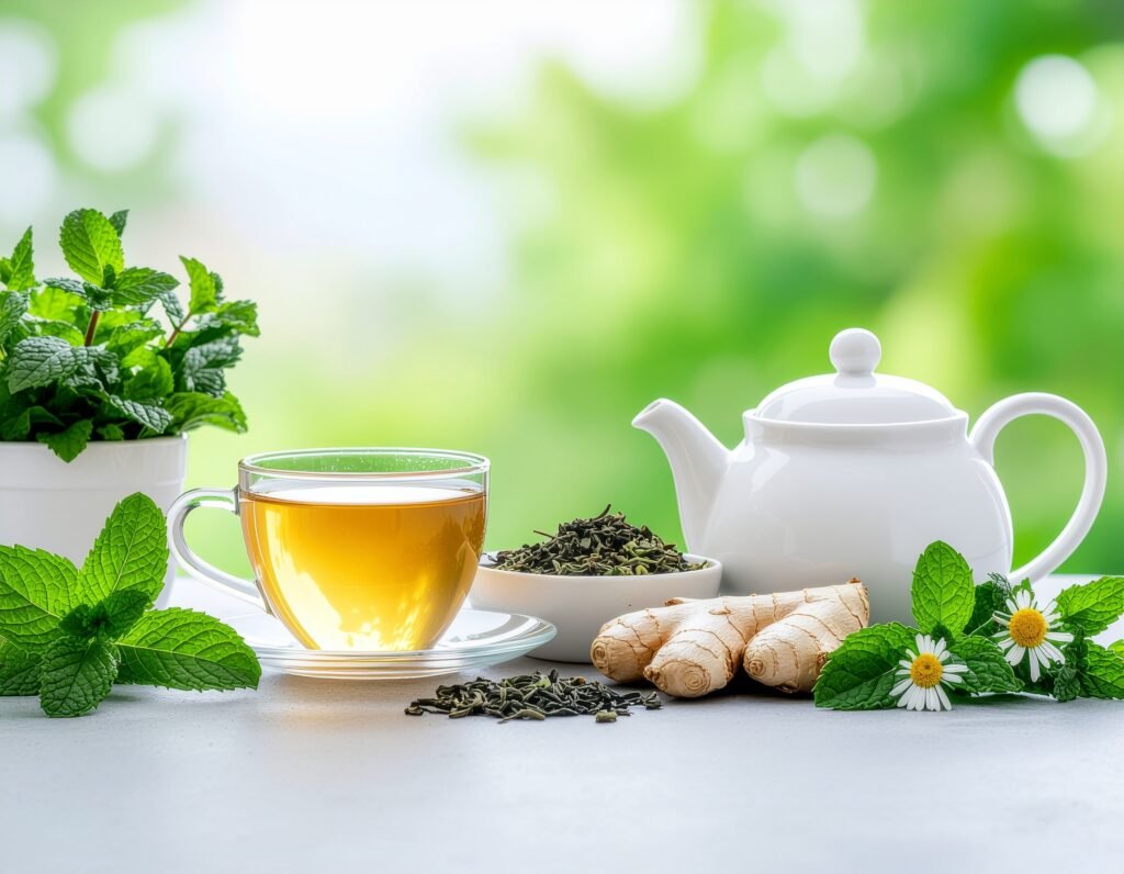 Fresh mint, fennel, ginger root, and chamomile arranged next to a teapot and cup
