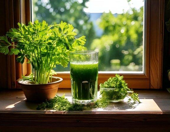 Parsley juice windowsill