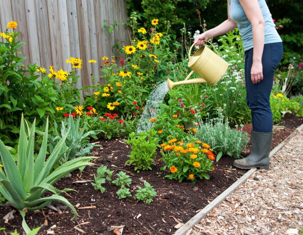 Gardener tending winter-friendly herbs in rich soil