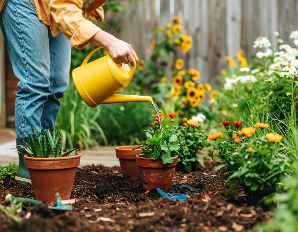 Gardener planting peppermint and herbs