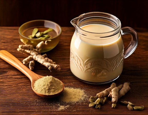 Ashwagandha powder in jar with roots