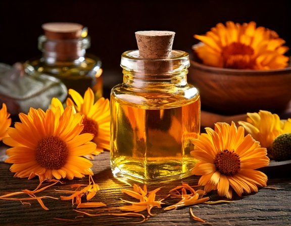 Golden Calendula infused herbal oil in glass jar with petals visible.