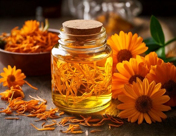 Golden Calendula infused herbal oil in clear glass jar with petals.