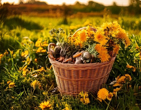 Harvested roots and herbs in a basket