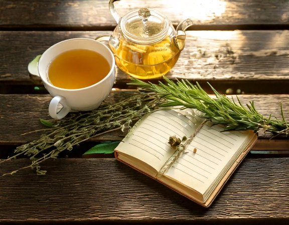 Green tea with rosemary and maca at a bright desk